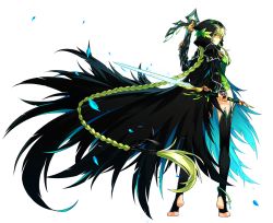 Rule 34 | 1girl, artist request, black cape, black thighhighs, bow (weapon), braid, bridal gauntlets, cape, crossbow, dress, dual wielding, elsword, expressionless, full body, green dress, green eyes, green hair, holding, holding sword, holding weapon, hood, long hair, looking at viewer, official art, rena erindel, reverse grip, solo, standing, stirrup legwear, sword, thighhighs, toeless legwear, transparent background, twilight (elsword), weapon, zettai ryouiki