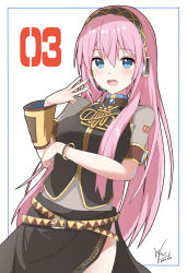 Rule 34 | 1girl, amulet, asymmetrical sleeves, belt, black skirt, black vest, blue eyes, blush, bracelet, commentary, cowboy shot, gold trim, grey shirt, hairband, hand up, headphones, highres, jewelry, light blush, long hair, looking at viewer, megurine luka, navel, open mouth, pink hair, see-through, shirt, shoulder tattoo, side slit, signature, single sleeve, skirt, smile, solo, standing, tattoo, tsukiringo, uneven sleeves, vest, vocaloid, w, white background