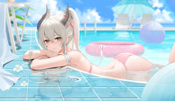 Rule 34 | 1girl, arm rest, ass, back, ball, bikini, blue sky, blurry, closed mouth, cloud, day, depth of field, high ponytail, highres, horns, innertube, long hair, looking at viewer, lying, mole, mole on neck, on stomach, original, outdoors, pink bikini, ponytail, pool, qing wu, sky, solo, swim ring, swimsuit, very long hair, water, white hair, yellow eyes