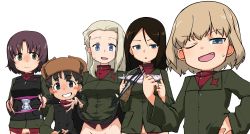 Rule 34 | 10s, 5girls, absurdres, alina (girls und panzer), animal print, artist request, bad id, bad twitter id, black hair, blonde hair, blue eyes, blush, breasts, brown eyes, clara (girls und panzer), clothes lift, exhibitionism, fang, flat chest, girls und panzer, groin, hat, highres, inactive account, katyusha (girls und panzer), leopard print, lifting own clothes, looking at viewer, medium breasts, military, military uniform, multiple girls, nina (girls und panzer), no panties, nonna (girls und panzer), one eye closed, open mouth, panties, pink panties, pravda military uniform, public indecency, pussy, simple background, skirt, skirt lift, small breasts, smile, sweat, teeth, underwear, uniform, white background, white panties