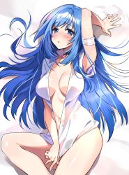 Rule 34 | 1girl, arm garter, arm up, armpits, bad id, bad pixiv id, bare legs, bare shoulders, bed sheet, black choker, blue eyes, blue hair, blush, breasts, choker, cleavage, comeo (komeo15), dress shirt, emori miku, heart, highres, large breasts, liver city, long hair, looking at viewer, lying, naked shirt, on back, open clothes, open shirt, parted lips, shirt, short sleeves, solo, thighs, very long hair, white shirt