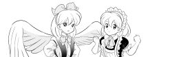 Rule 34 | 1980s (style), 2girls, angel wings, apron, archived source, bad id, bad twitter id, bow, clenched hands, closed mouth, dress, feathered wings, frilled apron, frills, gengetsu (touhou), greyscale, hair bow, hands on own hips, happy, juliet sleeves, long sleeves, looking at viewer, maid, maid headdress, monochrome, multiple girls, oldschool, puffy sleeves, retro artstyle, ruukoto, short hair, takemoto izumi (style), touhou, touhou (pc-98), white wings, wings, yatyou