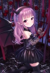 Rule 34 | 1girl, bare shoulders, birdcage, black dress, black hairband, black thighhighs, blue bow, blush, bow, breasts, cage, chitosezaka suzu, commentary request, demon girl, demon horns, demon wings, dress, elbow gloves, flower, frilled dress, frills, from side, gloves, hairband, horns, kneeling, lace-trimmed hairband, lace trim, long hair, looking at viewer, looking to the side, no shoes, original, pleated dress, pointy ears, purple hair, red eyes, red flower, red rose, red wings, rose, see-through, small breasts, solo, strapless, strapless dress, thighhighs, wings