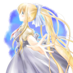 Rule 34 | 00s, air (visual novel), blonde hair, blue eyes, hair ribbon, haruno (macoro), kamio misuzu, long hair, outstretched arms, ponytail, ribbon, school uniform, solo, spread arms, very long hair