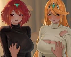 Rule 34 | 1other, 2girls, black shirt, black vs white, blonde hair, blush, grabbing another&#039;s breast, breasts, cleavage, cleavage cutout, clothing cutout, dual persona, grabbing, highres, large breasts, looking at viewer, matching hair/eyes, multiple girls, mythra (xenoblade), pickles, pov, pyra (xenoblade), red eyes, red hair, shirt, smile, white shirt, xenoblade chronicles (series), xenoblade chronicles 2, yellow eyes