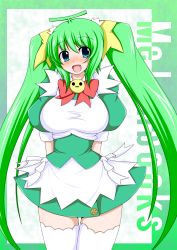 Rule 34 | 1girl, blue eyes, blush, breasts, brooch, green hair, hair ribbon, jewelry, large breasts, long hair, maid, melon-chan, melonbooks, open mouth, ribbon, solo, thighhighs, twintails, very long hair, white thighhighs, zefyu, zettai ryouiki