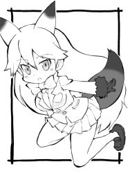 Rule 34 | 1girl, animal ears, black gloves, blush, bow, bowtie, ezo red fox (kemono friends), fox ears, fox tail, framed, fur trim, gloves, greyscale, jacket, kemono friends, long hair, long sleeves, looking at viewer, monochrome, no socks, open mouth, outside border, pleated skirt, shoes, simple background, skirt, solo, tail, white background, zubatto (makoto)