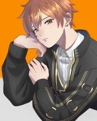 Rule 34 | 1boy, blonde hair, closed mouth, collared shirt, commentary request, earrings, green eyes, hand on own face, highres, jewelry, long sleeves, male focus, multicolored hair, official alternate costume, orange background, orange hair, period of nocturne (project sekai), project sekai, shinonome akito, shirt, short hair, solo, streaked hair, upper body, yk62