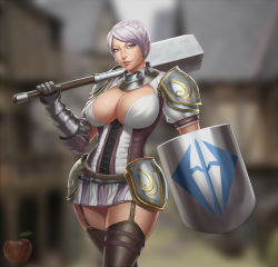 Rule 34 | 1girl, armor, blue eyes, breasts, cleavage, curvy, dark blood online, garter belt, highres, knight, large breasts, light purple hair, looking at viewer, lvl (sentrythe2310), mace, shield, short hair, smile, solo, thigh strap, thighhighs, warrior, weapon, wide hips