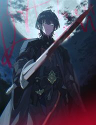 Rule 34 | 1boy, armor, armored dress, black hair, blood, bloody weapon, blurry, blurry foreground, byleth (fire emblem), byleth (male) (fire emblem), cape, closed mouth, dress, fire emblem, fire emblem: three houses, frown, gauntlets, green eyes, grey cape, grey dress, hair between eyes, highres, holding, holding sword, holding weapon, looking at viewer, mami (apsaras), nintendo, short hair, shoulder armor, solo, sword, weapon