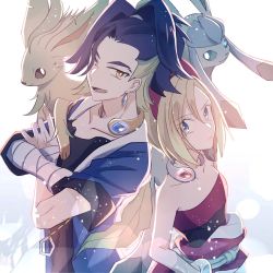 Rule 34 | 1boy, 1girl, adaman (pokemon), arm wrap, back-to-back, black shirt, blonde hair, blue coat, blue hair, bracelet, brown eyes, closed mouth, coat, collar, collarbone, commentary request, creatures (company), earrings, eyebrow cut, eyelashes, game freak, gen 4 pokemon, glaceon, green hair, highres, irida (pokemon), jewelry, leafeon, looking at viewer, lower teeth only, multicolored hair, neck ring, nintendo, open clothes, open coat, open mouth, pokemon, pokemon (creature), pokemon legends: arceus, red shirt, sash, shirt, strapless, strapless shirt, teeth, tongue, white background, yoru nights