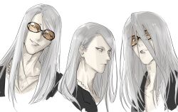 Rule 34 | 1boy, alternate hair color, black jacket, blue eyes, collage, collarbone, fate/grand order, fate (series), grin, hair over face, highres, jacket, long hair, looking at viewer, male focus, open clothes, open jacket, orange-tinted eyewear, simple background, smile, solo, sunglasses, tezcatlipoca (fate), tinted eyewear, upper body, washblackmud, white background, white hair