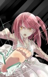 Rule 34 | 1girl, against glass, alternate eye color, angry, barefoot, breaking, dress, feet, foot focus, fourth wall, glass crack, kicking, long hair, looking at viewer, magi the labyrinth of magic, morgiana, open mouth, ponytail, red hair, shammy1000, side ponytail, sleeveless, sleeveless dress, soles, solo, toes, white dress, yellow eyes