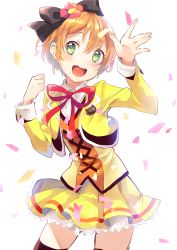 Rule 34 | 10s, 1girl, :d, blush, bow, chiigo, flower, hair bow, hair flower, hair ornament, hoshizora rin, looking at viewer, love live!, love live! school idol project, open mouth, orange hair, petals, short hair, simple background, skirt, smile, solo, sunny day song, thighhighs, waving, yellow eyes