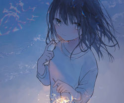 Rule 34 | 1girl, beach, black hair, blue eyes, chromatic aberration, commentary request, crying, crying with eyes open, fireworks, hand up, holding, holding fireworks, irodori warabi, long hair, night, ocean, original, outdoors, senkou hanabi, shirt, sleeves rolled up, solo, sparkler, tears, upper body