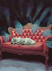 Rule 34 | animal, animal focus, cat, chair, ghost, highres, looking at viewer, lying, multiple hands, on chair, on side, original, toy(e), white cat