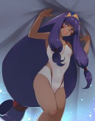 Rule 34 | 1girl, blush, casual one-piece swimsuit, covered navel, dark-skinned female, dark skin, echo (circa), facial mark, fate/grand order, fate (series), floating hair, from below, hairband, long hair, nitocris (fate), nitocris (swimsuit assassin) (second ascension) (fate), one-piece swimsuit, open mouth, ponytail, purple eyes, purple hair, solo, standing, swimsuit, very long hair, white one-piece swimsuit