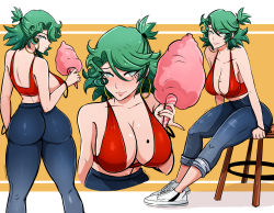 Rule 34 | 1girl, absurdres, ass, bare shoulders, birthmark, blue eyes, blush, breasts, casual, chair, cleavage, cotton candy, earrings, from behind, green hair, half updo, highres, hoop earrings, huge ass, jewelry, large breasts, looking at viewer, looking back, mole, mole on breast, multiple views, omiza somi, original, pants, shiny clothes, shiny skin, short hair, sideboob, sitting, smile