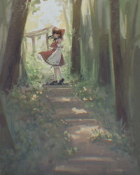 Rule 34 | 1girl, absurdres, akaganeite (aka), bow, brown eyes, brown hair, commentary request, detached sleeves, forest, from side, gohei, hair bow, hair tubes, hakurei reimu, highres, holding, long sleeves, looking at viewer, nature, outdoors, path, red eyes, red shirt, red skirt, road, shirt, shoes, skirt, sleeves past fingers, sleeves past wrists, socks, solo, torii, touhou, tree, white socks, wide shot, wide sleeves, yellow neckwear