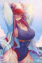 Rule 34 | 1girl, arms up, artist name, blue sky, breasts, cleavage, dated, demon girl, guardian tales, hat, heart, highres, horns, jacket, kitsunoko, large breasts, lifeguard yuze, light rays, looking at viewer, medium hair, one-piece swimsuit, one eye closed, open clothes, open jacket, outdoors, pink eyes, red hair, sky, solo, sunbeam, sunlight, swimsuit, water
