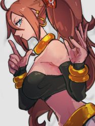 Rule 34 | 1girl, android 21, black nails, black sleeves, blue eyes, bracelet, breasts, choker, closed mouth, detached sleeves, dragon ball, dragon ball fighterz, earrings, grey background, hoop earrings, index finger raised, jewelry, kemachiku, long hair, looking at viewer, majin android 21, medium breasts, midriff, nail polish, ponytail, red hair, red ribbon army, simple background, smile, solo, yellow choker