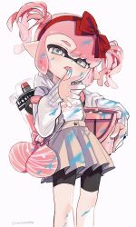 Rule 34 | 1girl, amezawa koma, black shorts, bow, bow hairband, bucket, dress, green eyes, grey dress, hairband, head tilt, highres, holding, holding bucket, hood, hoodie, ink, ink on clothes, ink on face, ink tank (splatoon), inkling, inkling girl, inkling player character, licking, licking finger, long sleeves, looking at viewer, looking down, nintendo, pink hair, red bow, short dress, short hair, shorts, simple background, solo, splatoon (series), splatoon 2, standing, tentacle hair, tongue, tongue out, twintails, twitter username, water balloon, white background, white hoodie