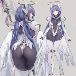 Rule 34 | black bodysuit, blue hair, bodysuit, breasts, chowbie, commentary, english commentary, gloves, halo, large breasts, leotard, mechanical halo, mechanical wings, original, pilot suit, polearm, weapon, white gloves, white leotard, wings, yellow eyes