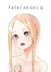 Rule 34 | 1girl, abigail williams (fate), absurdres, blonde hair, blue eyes, blush, breasts, character name, collarbone, fate/grand order, fate (series), forehead, highres, kopaka (karda nui), long hair, looking at viewer, nude, open mouth, orange pupils, parted bangs, small breasts, solo, upper body