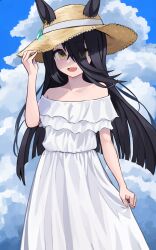 Rule 34 | 1girl, alternate costume, animal ears, arm up, bare shoulders, black hair, blush, cloud, day, dress, earrings, ears through headwear, feet out of frame, hand on headwear, hat, highres, horse ears, jewelry, kuronosu (yamada1230), long hair, looking at viewer, manhattan cafe (umamusume), off-shoulder dress, off shoulder, open mouth, outdoors, short sleeves, single earring, smile, solo, standing, straw hat, umamusume, white dress, yellow eyes