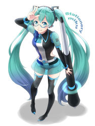 Rule 34 | 1girl, 39, aqua eyes, aqua hair, belt, bespectacled, boots, bracelet, character name, glasses, hatsune miku, jewelry, long hair, pen, see-through, seven (11), skirt, smile, solo, thigh boots, thighhighs, twintails, very long hair, vocaloid