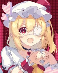 Rule 34 | 1girl, ascot, black choker, blonde hair, bow, choker, collared shirt, dotted background, eyepatch, fang, flandre scarlet, hat, hat bow, heart, heart-shaped pupils, heart eyepatch, heart hands, heart necklace, highres, jewelry, kudamono25253, medical eyepatch, medium hair, mob cap, necklace, one side up, open mouth, pointy ears, portrait, puffy short sleeves, puffy sleeves, red background, red bow, red eyes, red vest, shirt, short sleeves, smile, solo, symbol-shaped pupils, touhou, vest, wrist cuffs, yellow ascot
