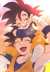 Rule 34 | backlighting, black hair, carrying over shoulder, child, dougi, dragon ball, father&#039;s day, father and son, happy, highres, holding another&#039;s hair, holding another&#039;s head, laughing, smile, son goku, son goten, sunset, tagme