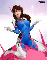Rule 34 | 1girl, acronym, animal print, blue bodysuit, bodysuit, breasts, brown eyes, brown hair, clothes writing, d.va (overwatch), double v, facepaint, facial mark, full body, headphones, high collar, highres, kzard81, long hair, looking at viewer, mecha, medium breasts, meka (overwatch), nose, one eye closed, open mouth, overwatch, overwatch 1, patreon username, pilot suit, pink lips, purple background, rabbit print, ribbed bodysuit, robot, shoulder pads, sitting, sitting on object, skin tight, solo, swept bangs, teeth, tongue, tongue out, upper teeth only, v, wariza, whisker markings, white background