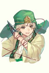 Rule 34 | 1boy, artist name, blonde hair, brown eyes, dagger, dated, freckles, green headwear, holding, holding dagger, holding knife, holding weapon, ichiko milk tei, ja&#039;far (magi), keffiyeh, knife, magi the labyrinth of magic, male focus, open mouth, parted bangs, portrait, robe, shirt, simple background, smile, solo, string, string of fate, upper body, weapon, white shirt, wide sleeves, yellow robe