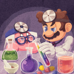 Rule 34 | 1boy, beaker, blue-framed eyewear, blue eyes, brown hair, coat, commentary request, doctor, doctor kirby, dr. mario, dr. mario (game), facial hair, flask, glasses, gloves, head mirror, highres, kirby, kirby (series), lab coat, long sleeves, mario, mario (series), miclot, mustache, necktie, nintendo, pill, red necktie, round-bottom flask, vial, white coat, white gloves