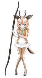 Rule 34 | 10s, 1girl, animal ears, center frills, frills, full body, gazelle ears, gazelle tail, green eyes, green necktie, hair between eyes, horn lance, horns, ise (0425), kemono friends, knees together feet apart, long hair, long sleeves, looking at viewer, low twintails, multicolored hair, necktie, orange hair, pantyhose, rhim gazelle (kemono friends), shoes, short necktie, simple background, skirt, solo, tearing up, twintails, two-tone hair, vest, white background, white hair, white skirt