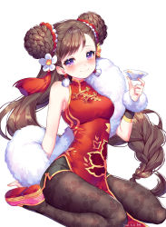 1girl bad_id bad_pixiv_id breasts brown_hair brown_pantyhose china_dress chinese_clothes closed_mouth cup dated double_bun dress drunken_swordmaster_lynn earrings flower guardian_tales hair_bun hair_flower hair_ornament hayan highres holding holding_cup jewelry long_hair looking_at_viewer lynn_(guardian_tales) medium_breasts pantyhose parted_bangs pink_footwear purple_eyes red_dress shoes simple_background sitting sleeveless sleeveless_dress smile solo wariza white_background