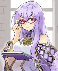 Rule 34 | 1girl, bare shoulders, book, breasts, circlet, dress, fire emblem, fire emblem: genealogy of the holy war, glasses, holding, holding book, julia (fire emblem), long hair, looking at viewer, medium breasts, nintendo, open mouth, purple eyes, purple hair, simple background, solo, yukia (firstaid0)