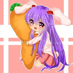 Rule 34 | 1girl, :d, animal ears, bad id, bad pixiv id, carrot, collared shirt, dress shirt, fang, gradient eyes, koyashaka, long hair, long sleeves, looking at viewer, multicolored eyes, necktie, hugging object, open mouth, patterned background, pink background, pink skirt, pleated skirt, purple hair, rabbit ears, rabbit girl, rabbit tail, reisen udongein inaba, seiza, shirt, sitting, skirt, sleeve cuffs, smile, solo, star-shaped pupils, star (symbol), symbol-shaped pupils, tail, touhou, very long hair, white shirt