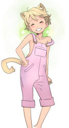 Rule 34 | 1girl, animal ears, blonde hair, blush, cat ears, cat tail, child, closed eyes, grin, hand on own hip, hip focus, naked overalls, nishieda, off shoulder, original, overalls, short hair, simple background, smile, solo, strap slip, tail, very short hair