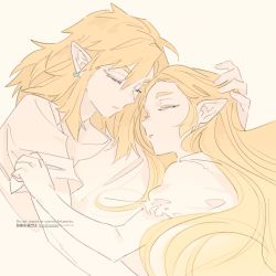Rule 34 | 1boy, 1girl, artist name, blonde hair, closed eyes, earrings, hair between eyes, hand in another&#039;s hair, jewelry, link, long hair, medium hair, nintendo, nito minatsuki, parted bangs, parted lips, pointy ears, princess zelda, puffy short sleeves, puffy sleeves, shirt tug, short sleeves, sidelocks, sleeping, the legend of zelda, the legend of zelda: breath of the wild, thick eyebrows, upper body, yellow background