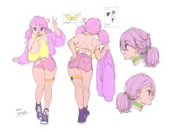 Rule 34 | 1girl, ass, belt, breasts, character sheet, choker, cleavage, highres, jacket, jewelry, large breasts, leg strap, mamo3mamo3, necklace, pink hair, purple eyes, sagging breasts, shirt, shoes, skirt, smile, sneakers, thick thighs, thighs, thong, twintails