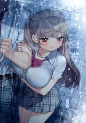 Rule 34 | 1boy, 1girl, bow, bowtie, bra visible through clothes, breasts, brown eyes, brown hair, closed mouth, commentary request, embarrassed, grey skirt, highres, holding, holding umbrella, jewelry, kodama (sakura yuki), large breasts, long hair, looking to the side, necklace, original, plaid, plaid skirt, rain, red neckwear, sakura yuki (clochette), school uniform, see-through, shirt, short sleeves, skirt, two side up, umbrella, white shirt