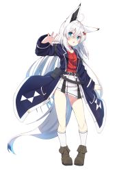 Rule 34 | 1girl, ahoge, animal ears, belt, belt buckle, black belt, black coat, blue eyes, blush, boots, brown footwear, buckle, coat, commentary request, fox ears, fox girl, fox tail, full body, hair between eyes, hair ornament, hand up, highres, kneehighs, long hair, long sleeves, open clothes, open coat, original, parted lips, pleated skirt, red shirt, shiro youduki, shirt, silver hair, simple background, skirt, socks, solo, standing, tail, very long hair, vrchat, white background, white skirt, white socks