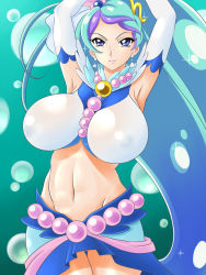 Rule 34 | 1girl, armpits, arms up, bare shoulders, blue hair, breasts, cleavage, cure mermaid, elbow gloves, female focus, gloves, go! princess precure, groin, highres, huge breasts, kaidou minami, large breasts, lento (glamour works), long hair, midriff, navel, ponytail, precure, solo, thighs, very long hair, white gloves