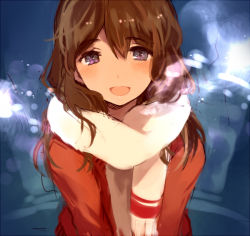 Rule 34 | 1girl, breath, brown hair, coat, light particles, long hair, looking at viewer, open mouth, original, purple eyes, scarf, sketch, smile, solo, tan (tangent), upper body, wavy hair, white scarf, winter clothes