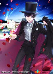 Rule 34 | 1boy, ayto, bad id, bad pixiv id, black hair, black hat, black pants, blue eyes, bow, bowtie, cape, flower, formal, glasses, hat, holding, holding flower, looking at viewer, male focus, night, night sky, outdoors, pants, petals, qurare magic library, rose, sky, solo, standing, top hat, traditional bowtie, watermark, white bow, white bowtie