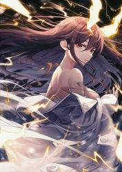 Rule 34 | 1girl, back, bare shoulders, breasts, brown hair, coat, commentary, electricity, floating hair, from side, hair between eyes, hand up, highres, horns, light particles, long hair, long sleeves, looking at viewer, looking to the side, medium breasts, motion blur, myung yi, off shoulder, original, parted lips, red eyes, sidelocks, solo, symbol-only commentary, white coat, wind