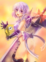 Rule 34 | 1girl, :d, apron, artemisia (pixiv fantasia), ass, bottomless, bow, edobox, elf, female focus, gradient background, looking back, naked apron, no panties, open mouth, original, pixiv fantasia, pixiv fantasia 2, pointy ears, purple eyes, short hair, smile, solo, sword, weapon