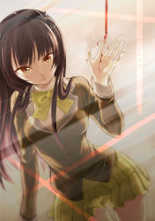 Rule 34 | 1girl, blood, broken glass, brown hair, crack, cracked glass, expressionless, fourth wall, glass, green eyes, long hair, looking at viewer, original, saitou mei (meigetsu), school uniform, solo